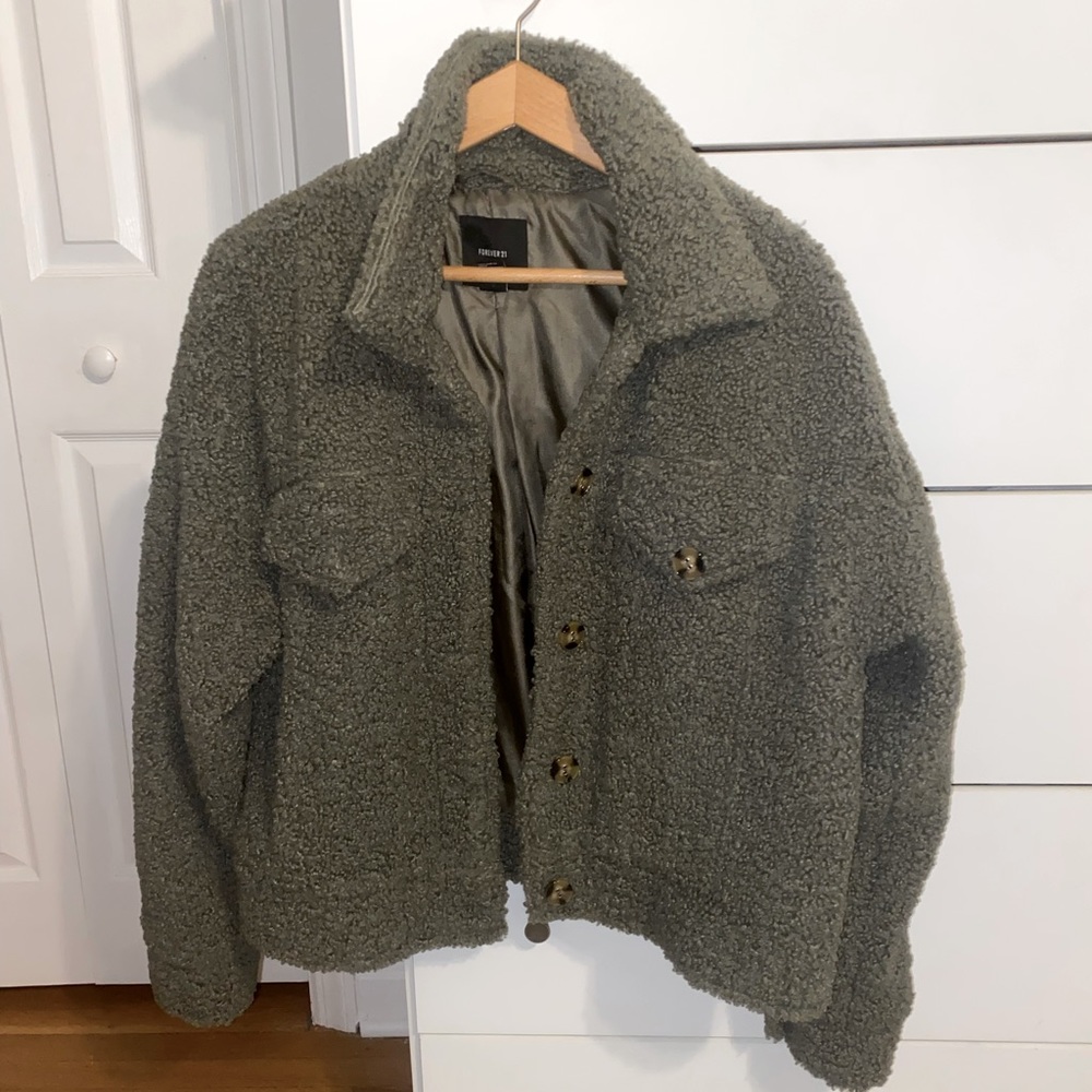 Forever 21 Cropped Teddy Jacket in Olive Green